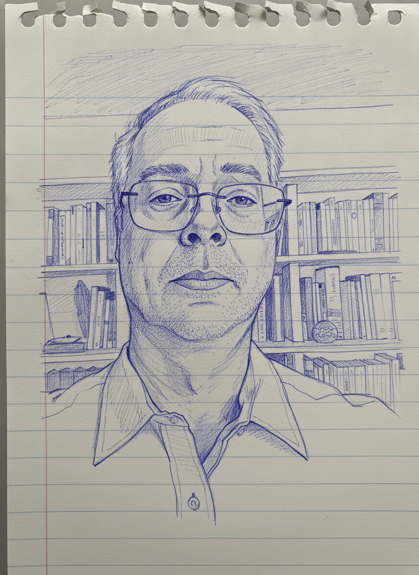 Retrato de Túlio Kahn desenhado em caneta, diante de uma estante de livros